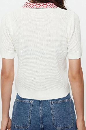 Kadın Moda Şık Üst Giyim Regular Polo Yaka Regular Kalıp Triko Yaka Desenli İnce Bluz