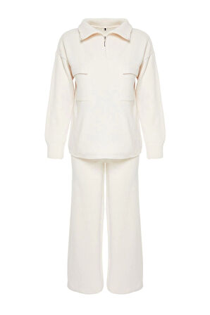 Kadın Moda Şık Regular Boy Uzun Kollu Geniş Kalıp Fermuarlı ve Cepli Triko Alt-Üst Takım