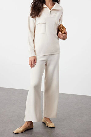 Kadın Moda Şık Regular Boy Uzun Kollu Geniş Kalıp Fermuarlı ve Cepli Triko Alt-Üst Takım