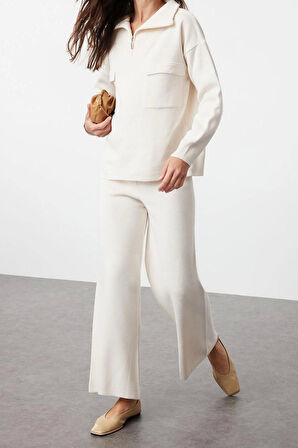 Kadın Moda Şık Regular Boy Uzun Kollu Geniş Kalıp Fermuarlı ve Cepli Triko Alt-Üst Takım