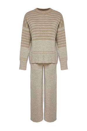 Kadın Moda Şık Boru Paça Regular Boy Uzun Kollu Geniş Kalıp Renk Bloklu Triko Alt-Üst Takım