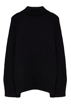 Kadın Moda Şık Regular Dik Yaka Uzun Kol Düz Yumuşak Dokulu Geniş Kalıp Triko Kazak