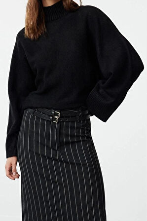 Kadın Moda Şık Regular Dik Yaka Uzun Kol Düz Yumuşak Dokulu Geniş Kalıp Triko Kazak