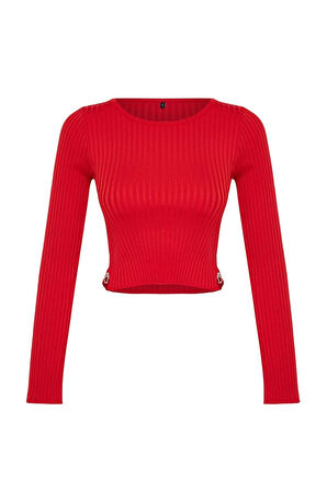 Kadın Moda Şık Bisiklet Yaka Standart Kol Crop Kalp Aksesuarlı Triko Kazak