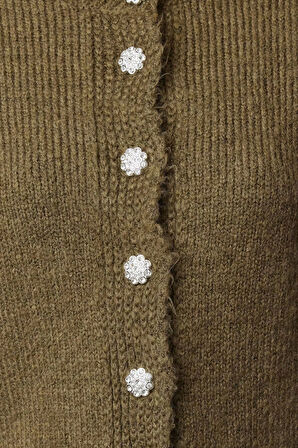 Kadın Moda Regular Bisiklet Yaka Regular Yumuşak Dokulu Mücevher Düğmeli Ceket Görünümlü Triko Hırka