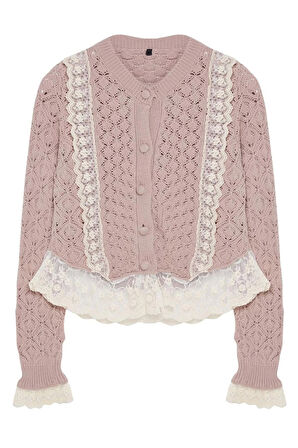 Kadın Moda Şık Crop Bisiklet Yaka Regular Crop Dantelli Ajurlu Delikli Triko Hırka