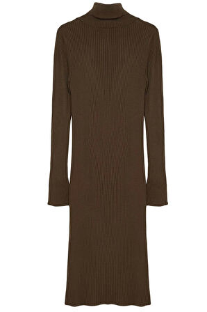 Kadın Moda Şık Mini Boy Balıkçı Yaka Slim Triko Kolları Volanlı Elbise