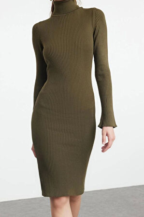 Kadın Moda Şık Mini Boy Balıkçı Yaka Slim Triko Kolları Volanlı Elbise