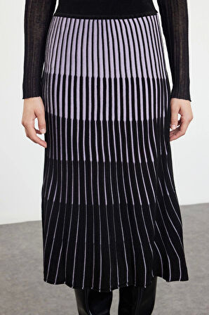 Kadın Moda Stil Midi Astarsız Triko Midi Renk Bloklu Etek
