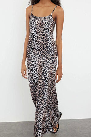 Kadın Moda Şık Maxi Boy Kare Yaka Slim Çiçekli Bodycone Vücuda Oturan Askılı Esnek Örme Elbise