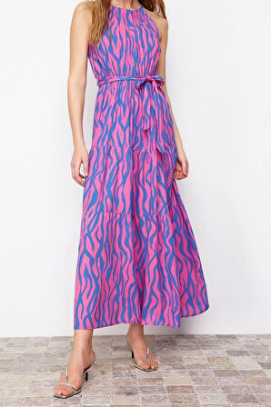 Yeni Regular Casual Günlük Shally Dokuma Halter Yaka Kolsuz Kol Shift Maxi Boy Elbise