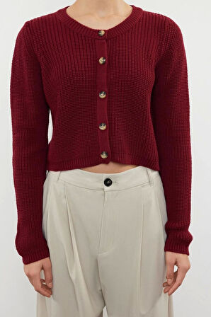 Kadın Moda Şık Crop Bisiklet Yaka Regular Süper Crop Basic Triko Hırka