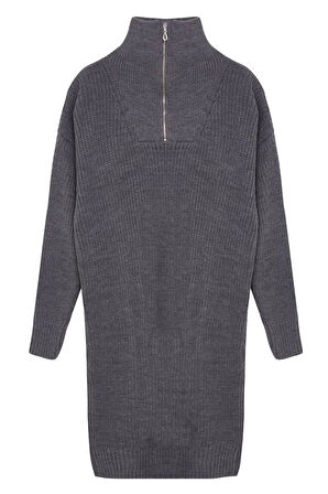 Kadın Moda Şık Mini Boy Dik Yaka Regular Triko Fermuarlı Elbise