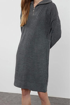 Kadın Moda Şık Mini Boy Dik Yaka Regular Triko Fermuarlı Elbise