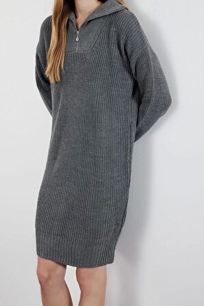 Kadın Moda Şık Mini Boy Dik Yaka Regular Triko Fermuarlı Elbise