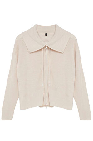 Kadın Moda Şık Regular Dik Yaka Oversize Geniş Kalıp Fermuar Detaylı Triko Hırka