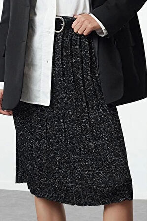 Kadın Moda Stil Midi Astarsız Triko Midi Simli Pileli Triko Etek