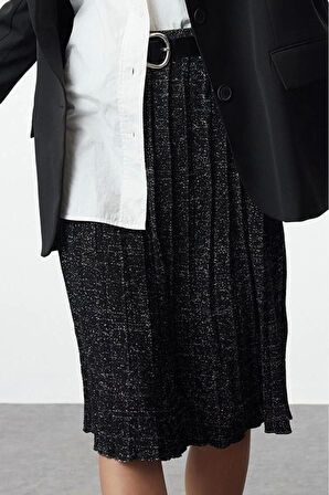 Kadın Moda Stil Midi Astarsız Triko Midi Simli Pileli Triko Etek