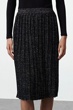 Kadın Moda Stil Midi Astarsız Triko Midi Simli Pileli Triko Etek
