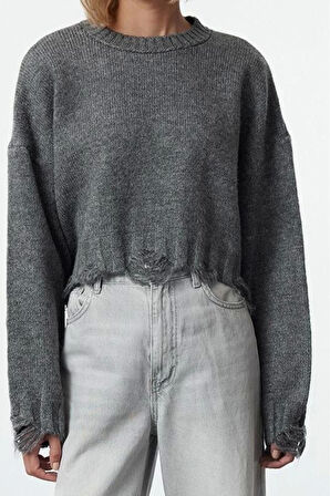 Kadın Moda Şık Crop Bisiklet Yaka Uzun Kol Düz Crop Süper Geniş Kalıp Yumuşak Dokulu Triko Kazak