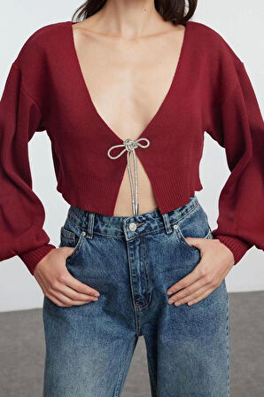 Kadın Moda Şık Crop V Yaka Regular Süper Crop Basic Fiyonklu Triko Hırka