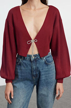 Kadın Moda Şık Crop V Yaka Regular Süper Crop Basic Fiyonklu Triko Hırka