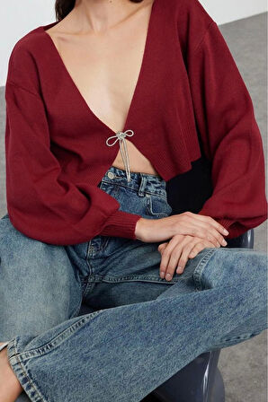 Kadın Moda Şık Crop V Yaka Regular Süper Crop Basic Fiyonklu Triko Hırka