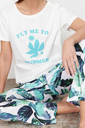Kadın Pamuklu Bisiklet Yaka Kısa Kol Pamuklu Çiçekli Örme Pijama Takımı