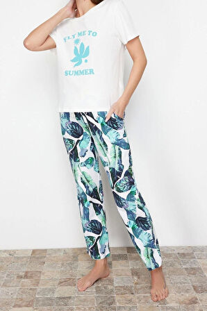 Kadın Pamuklu Bisiklet Yaka Kısa Kol Pamuklu Çiçekli Örme Pijama Takımı