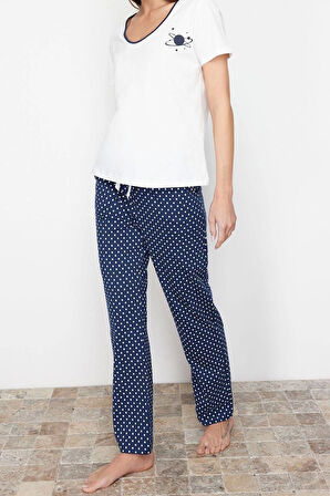 Kadın Pamuklu Bisiklet Yaka Kısa Kol Pamuklu Puantiyeli Örme Pijama Takımı