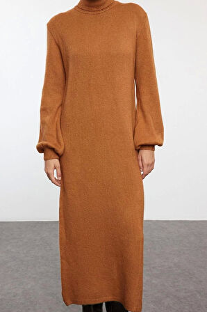 Kadın Moda Şık Midi Boy Balıkçı Yaka Regular Triko Yumuşak Dokulu Kazak Elbise