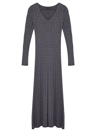 Kadın Moda Şık Maxi Boy V Yaka Regular Triko Saç Örgü Basic Elbise