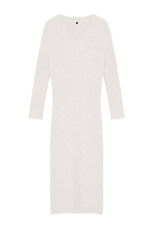 Kadın Moda Şık Maxi Boy V Yaka Regular Triko Yünlü Basic Elbise