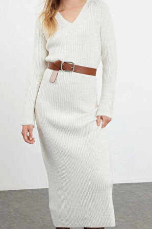 Kadın Moda Şık Maxi Boy V Yaka Regular Triko Yünlü Basic Elbise