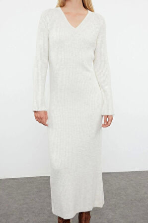 Kadın Moda Şık Maxi Boy V Yaka Regular Triko Yünlü Basic Elbise