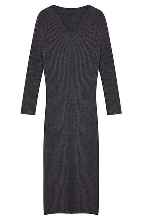 Kadın Moda Şık Maxi Boy V Yaka Regular Triko Yünlü Basic Elbise