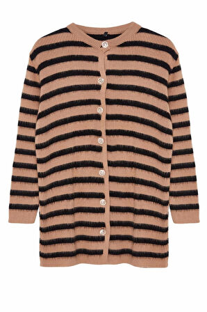 Kadın Tesettür Regular Bisiklet Yaka Uzun Kol Çizgili Gold Düğme Detaylı Yumuşak Dokulu Triko Hırka