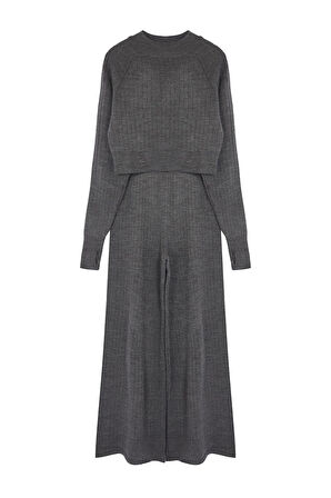 Kadın Moda Şık Boru Paça Crop Boy Uzun Kollu Crop Parmak Detaylı Triko Alt-Üst Takım