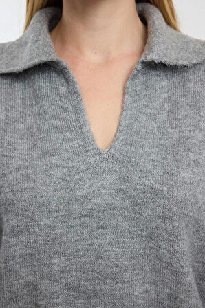 Kadın Moda Şık Polo Yaka Düşük Kol Regular Yünlü Geniş Kalıp Basic Triko Kazak