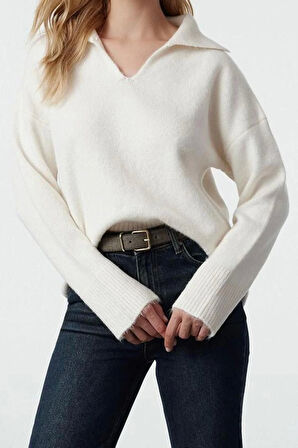Kadın Moda Şık Polo Yaka Düşük Kol Regular Yünlü Geniş Kalıp Basic Triko Kazak