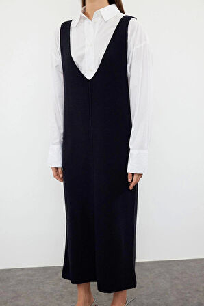 Yeni Regular Casual Günlük Dolu İğne Triko V Yaka Uzun Kol Shift Maxi Boy Elbise