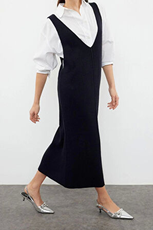 Yeni Regular Casual Günlük Dolu İğne Triko V Yaka Uzun Kol Shift Maxi Boy Elbise