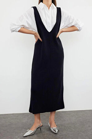 Yeni Regular Casual Günlük Dolu İğne Triko V Yaka Uzun Kol Shift Maxi Boy Elbise