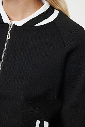 Kadın Moda Şık Regular Bisiklet Yaka Slim Fermuarlı Ceket Görünümlü Triko Hırka