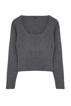 Kadın Moda Şık Kare Yaka Standart Kol Crop Triko Kazak