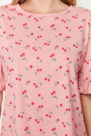 Kadın Pamuk Polyester Kare Yaka Kısa Kol Pamuklu Kiraz Desenli Örme Pijama Takımı