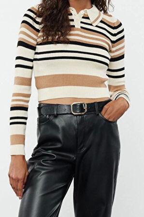 Kadın Moda Şık Polo Yaka Standart Kol Crop Çizgili Triko Kazak