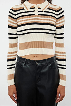 Kadın Moda Şık Polo Yaka Standart Kol Crop Çizgili Triko Kazak