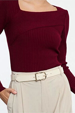 Kadın Moda Şık Kare Yaka Standart Kol Regular Triko Kazak