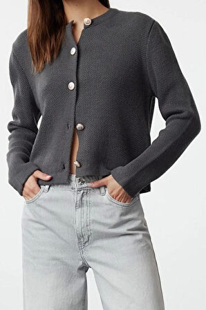 Kadın Moda Şık Regular Bisiklet Yaka Regular Basic Ceket Görünümlü Triko Hırka